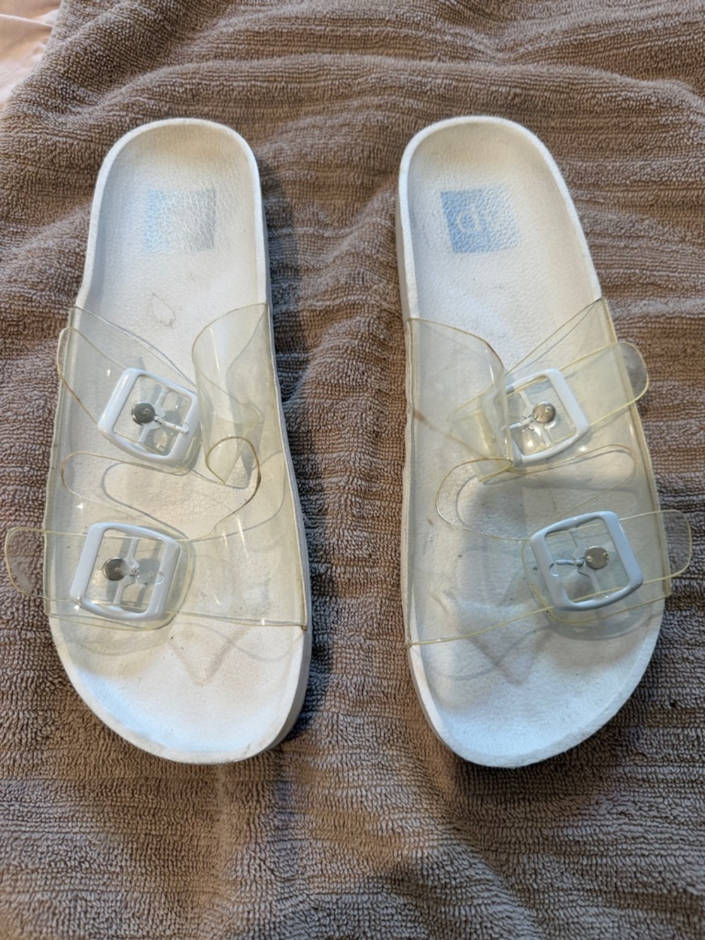Dolce Vita White Slide Sandal with Clear Buckle Straps
